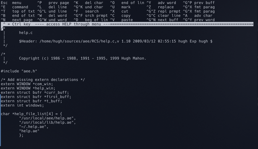 Screenshot of AEE text editor interface